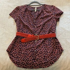 Navy Printed Button-Down with Belt